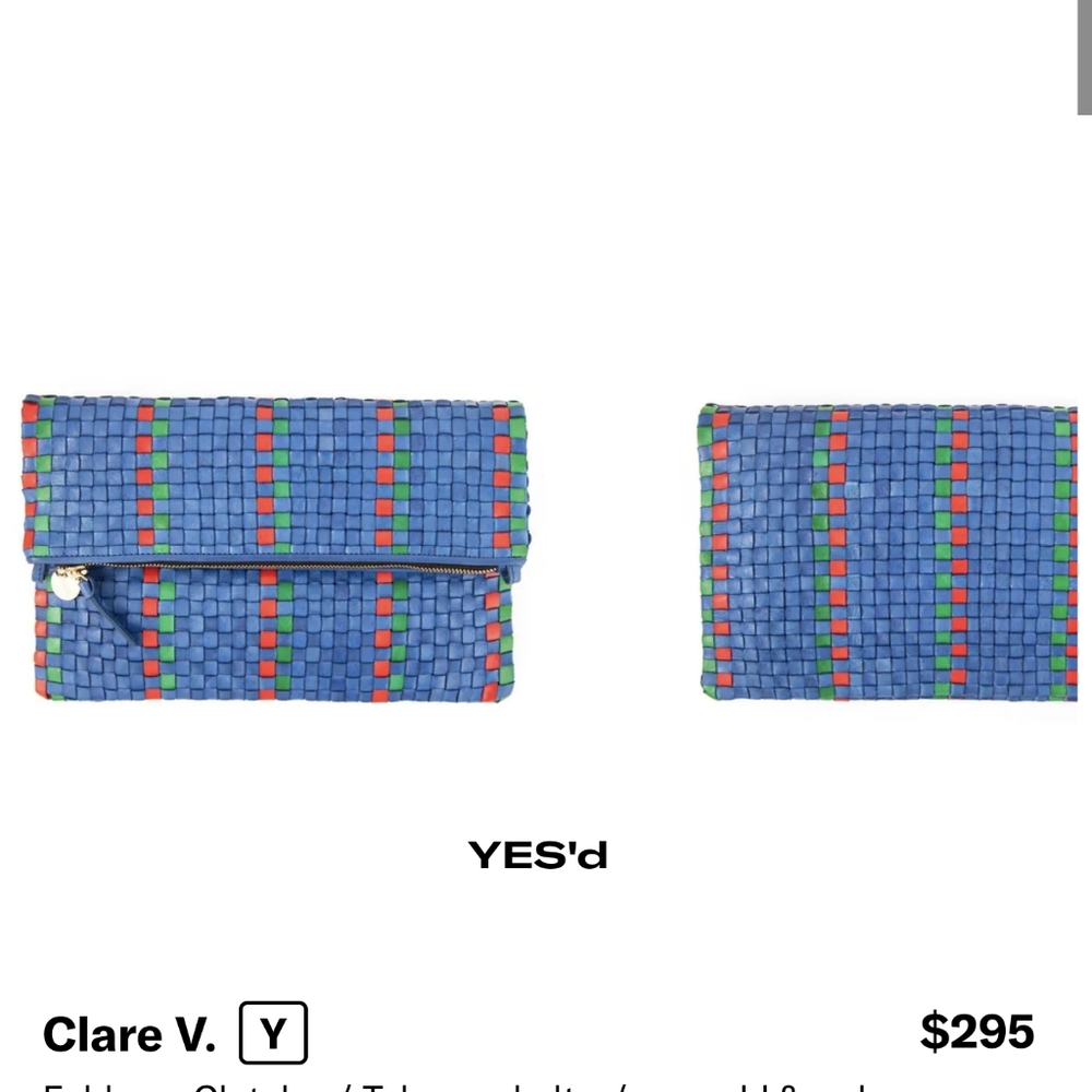 ISO Clare V fold over clutch with tabs in cobalt with emerald and red